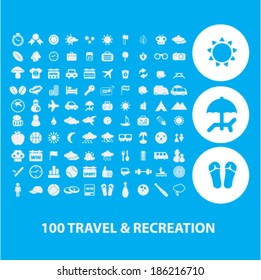 100 travel, recreation, vacation, summer icons set, vector