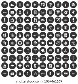 100 travel time icons set in simple style white on black circle color isolated on white background vector illustration