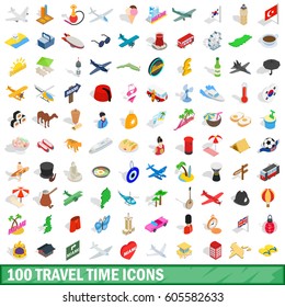 100 travel time icons set in isometric 3d style for any design vector illustration