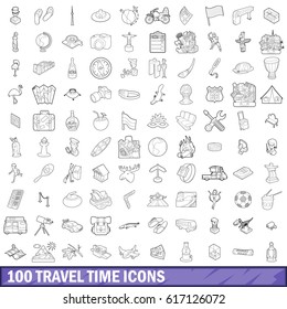 100 travel time icons set in outline style for any design vector illustration