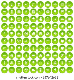 100 travel time icons set green circle isolated on white background vector illustration