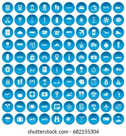 100 travel time icons set in blue circle isolated on white vector illustration