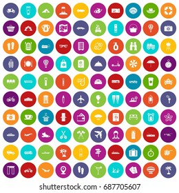 100 travel time icons set in different colors circle isolated vector illustration