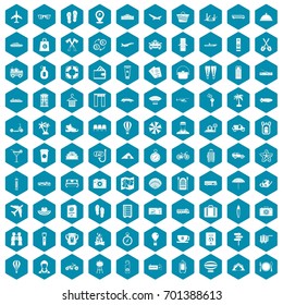 100 travel time icons set in sapphirine hexagon isolated vector illustration