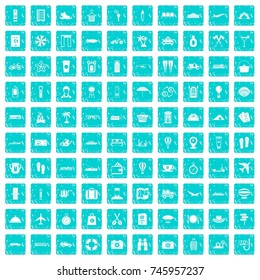 100 travel time icons set in grunge style blue color isolated on white background vector illustration