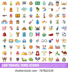 100 travel time icons set. Cartoon illustration of 100 travel time vector icons isolated on white background