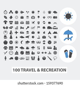 100 travel, tourism & recreation, vacation icons, signs set, vector