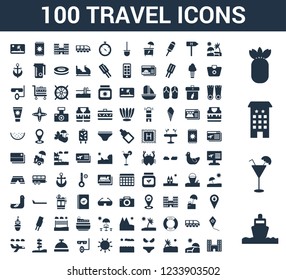 100 Travel universal icons set with Ship, Cocktail, Hotel, Pineapple, Sun bath, umbrella, Island, Bikini, Sunset, 