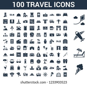 100 travel universal icons set with Icecream, Sunbed, Airplane, Kite, Bed, Swimming pool, Parachute, Rudder, Train, Hat