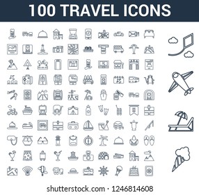 100 travel universal linear icons set with Icecream, Sunbed, Airplane, Kite, Bed, Swimming pool, Parachute, Rudder, Train, Hat