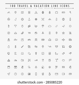 100 Travel And Vacation Minimal Line Icons Collection Vector