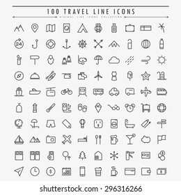 100 travel and vacation minimal line icons vector