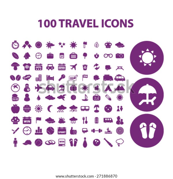 100 travel, vacation, recreation icons, signs,\
illustrations set, vector