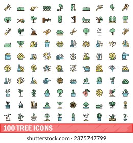 100 iconos de árbol. Conjunto de líneas de color de iconos vectoriales de árbol color de línea delgada plano sobre blanco
