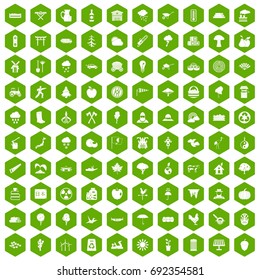 100 tree icons set in green hexagon isolated vector illustration