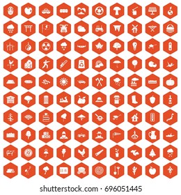 100 tree icons set in orange hexagon isolated vector illustration