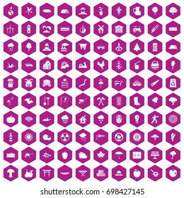 100 tree icons set in violet hexagon isolated vector illustration