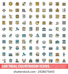 100 iconos de la sala de juicio. Línea de color conjunto de iconos de vector de sala de juicio línea delgada color plano en blanco