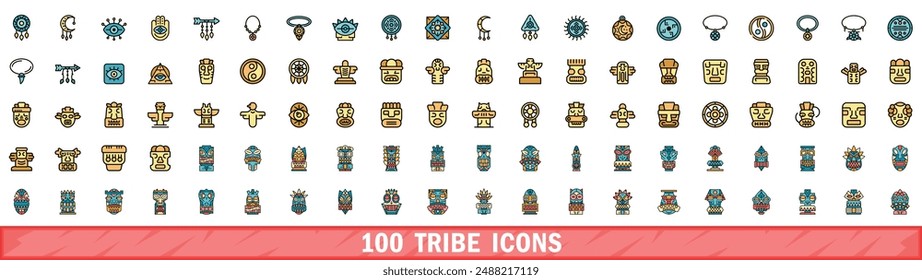 100 tribe icons set. Color line set of tribe vector icons thin line color flat on white