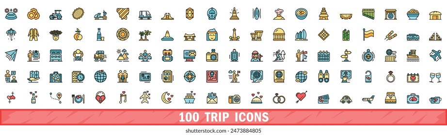 100 trip icons set. Color line set of trip vector icons thin line color flat on white