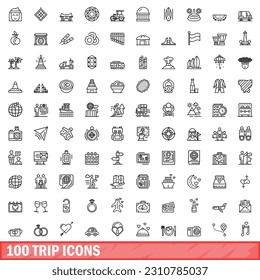 100 trip icons set. Outline illustration of 100 trip icons vector set isolated on white background