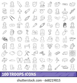 100 troops icons set in outline style for any design vector illustration