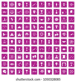 100 trophy and awards icons set in grunge style pink color isolated on white background vector illustration