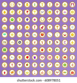 100 trophy and awards icons set in cartoon style on purple background vector illustration