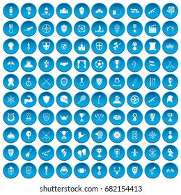 100 trophy and awards icons set in blue circle isolated on white vector illustration