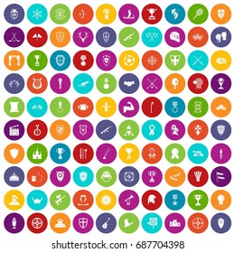 100 trophy and awards icons set in different colors circle isolated vector illustration