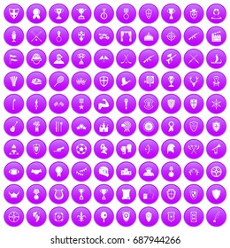100 trophy and awards icons set in purple circle isolated on white vector illustration