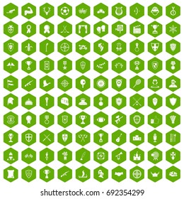 100 trophy and awards icons set in green hexagon isolated vector illustration