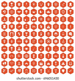 100 trophy and awards icons set in orange hexagon isolated vector illustration
