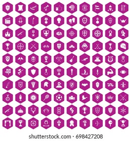 100 trophy and awards icons set in violet hexagon isolated vector illustration