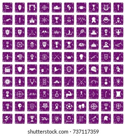 100 trophy and awards icons set in grunge style purple color isolated on white background vector illustration