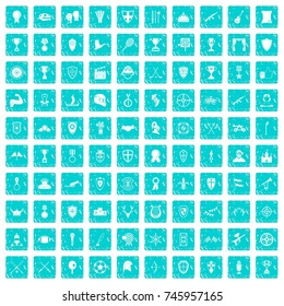 100 trophy and awards icons set in grunge style blue color isolated on white background vector illustration