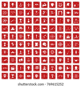 100 trophy and awards icons set in grunge style red color isolated on white background vector illustration