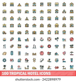 100 tropical hotel icons set. Color line set of tropical hotel vector icons thin line color flat on white