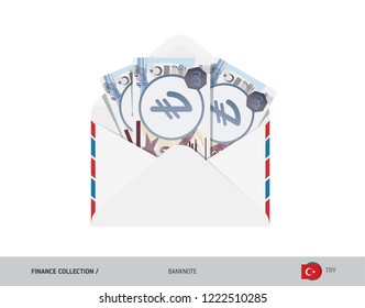 100 Turkish Lira Banknotes in envelope. Flat style opened white envelope with cash. Salary payout or corruption concept.