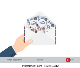 100 Turkish Lira Banknotes in envelope hold in hand. Flat style opened white envelope with cash. Salary payout or corruption concept.