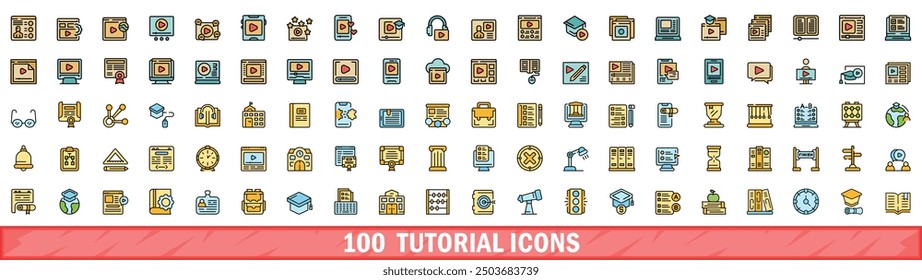 100 tutorial icons set. Color line set of tutorial vector icons thin line color flat on white