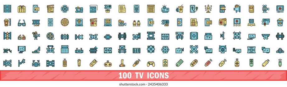 100 tv icons set. Color line set of tv vector icons thin line color flat on white