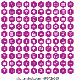 100 TV icons set in violet hexagon isolated vector illustration