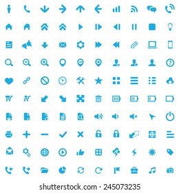 100 UI Outline For Web and Mobile icons, blue on white background 