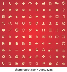 100 UI Outline For Web and Mobile icons, yellow on red background 