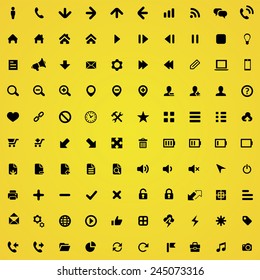 100 UI Outline For Web and Mobile icons, black on yellow background 