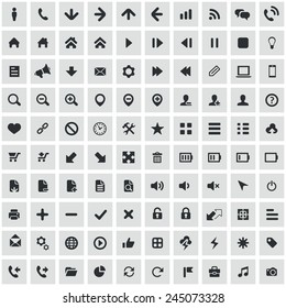 100 UI Outline For Web and Mobile icons, black on square gray background 