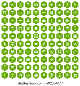 100 umbrella icons set in green hexagon isolated vector illustration