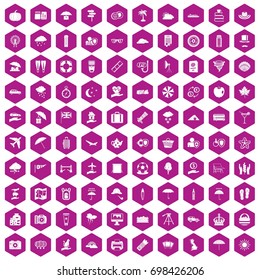 100 umbrella icons set in violet hexagon isolated vector illustration