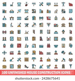 100 iconos de construcción de la casa sin terminar. Conjunto de línea de color de iconos de vectores de construcción de casa sin terminar línea fina de color plana en blanco